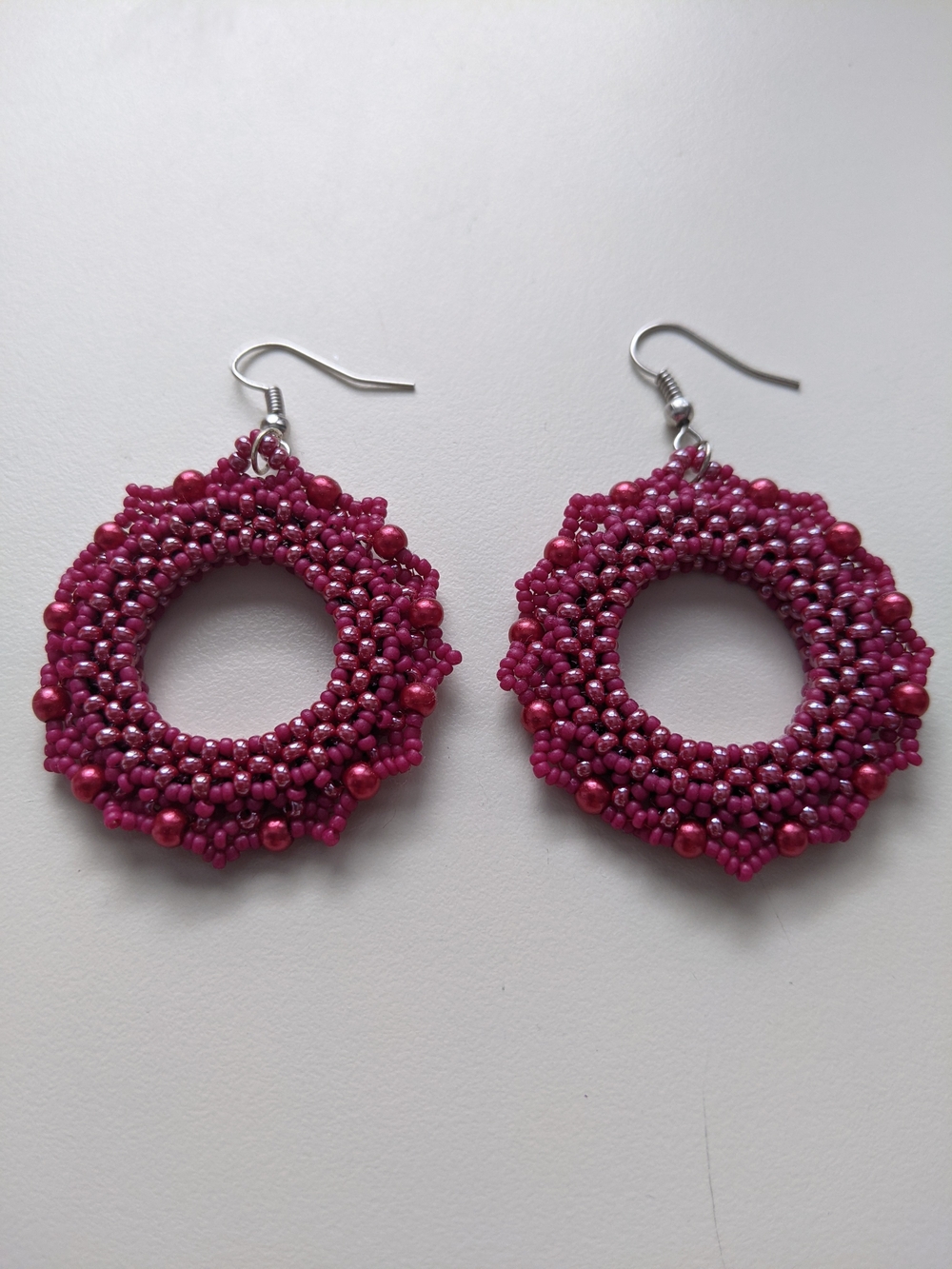 Handcrafted Pink Beaded Hoop Earrings with Silver Hooks